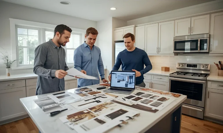 Three people discussing kitchen renovation plans around an island with design layouts and laptop for planning a kitchen remodel