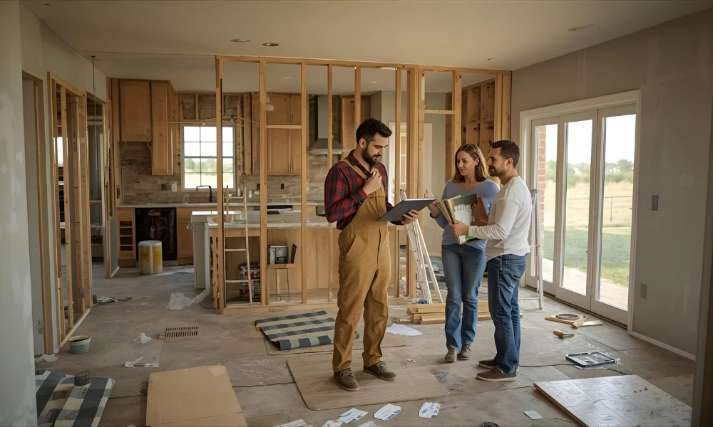 Three individuals discuss construction plans in a partially renovated kitchen with exposed framing, tools, and building materials around.