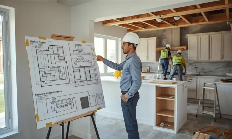 Construction worker reviewing kitchen renovation blueprints with team in remodeled kitchen for smart kitchen remodel planning
