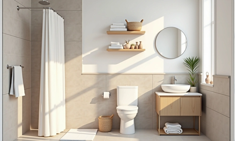 Bright, modern bathroom featuring a shower, toilet, wooden sink vanity, shelves with decor, and a potted plant.