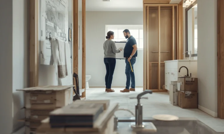 Couple discussing bathroom remodel plans with construction materials and boxes for smart tips to consider for bathroom remodeling