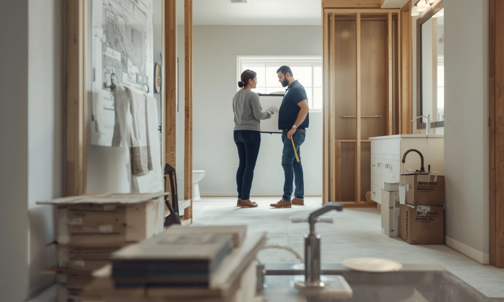 Couple discussing bathroom remodel plans with construction materials and boxes for smart tips to consider for bathroom remodeling