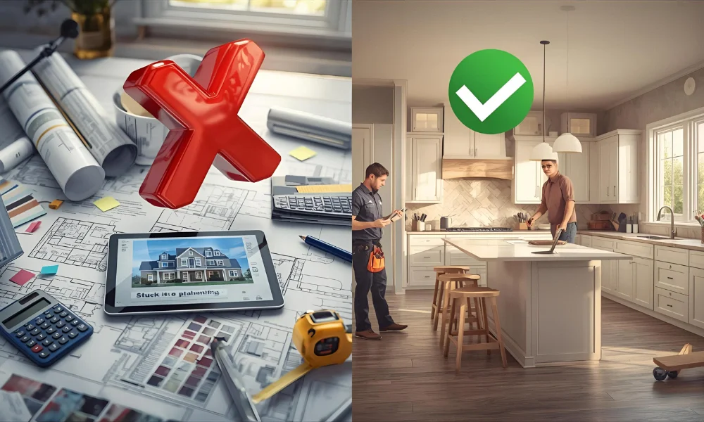 Split image showing cluttered design workspace beside organized modern kitchen to highlight stop planning start building success