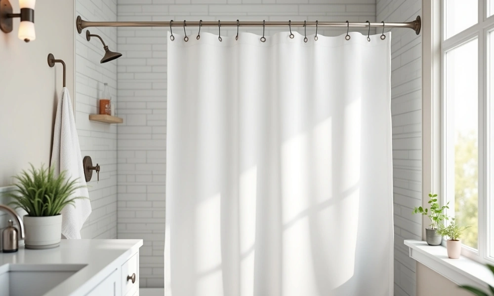 Bright bathroom featuring a white shower curtain, a sink, potted plants, a towel, and natural light streaming through the window.