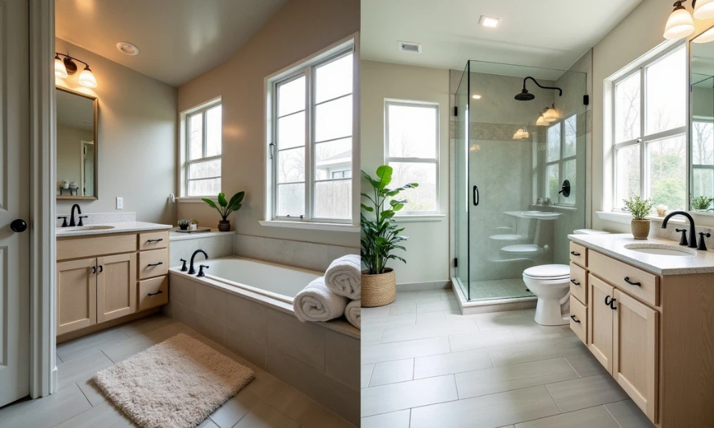 Split modern bathroom with tub on one side and glass shower on other showing bathroom renovation vs remodeling differences