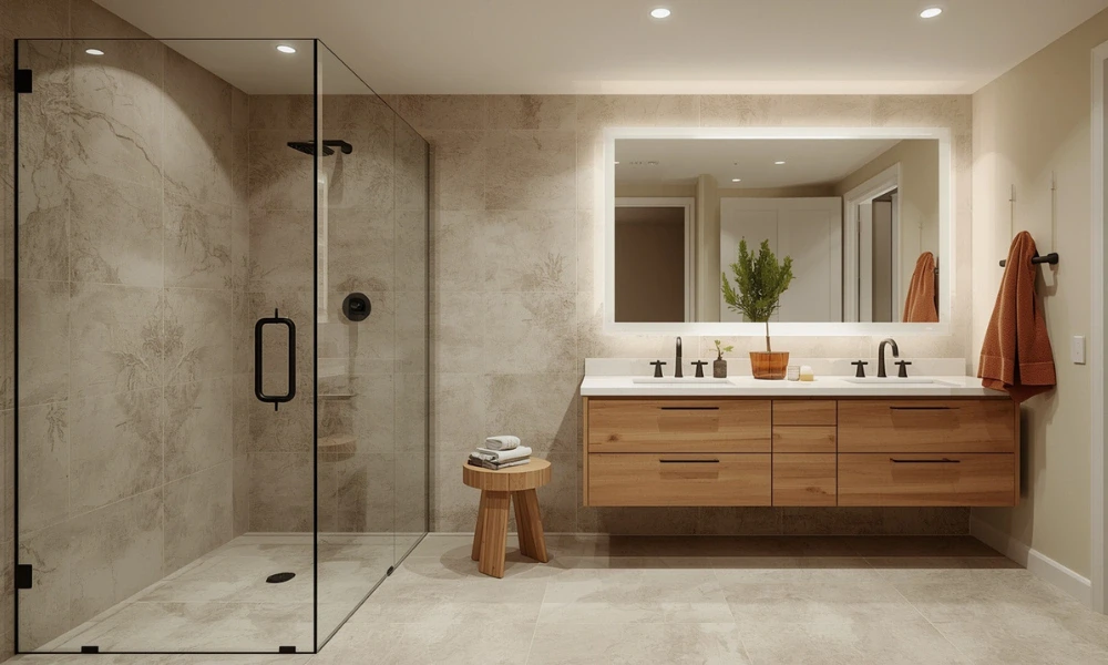 Modern bathroom with glass shower wood vanity black fixtures and lighted mirror showing bathroom features buyers want