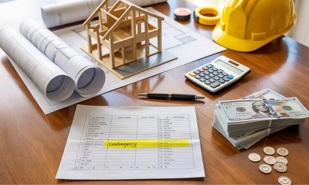 House model blueprints calculator cash and hard hat on desk illustrating planning for a home remodeling budget