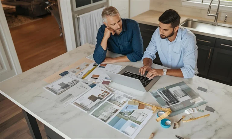 Two people reviewing design plans samples and a laptop in a modern kitchen for a home remodeling road map guide