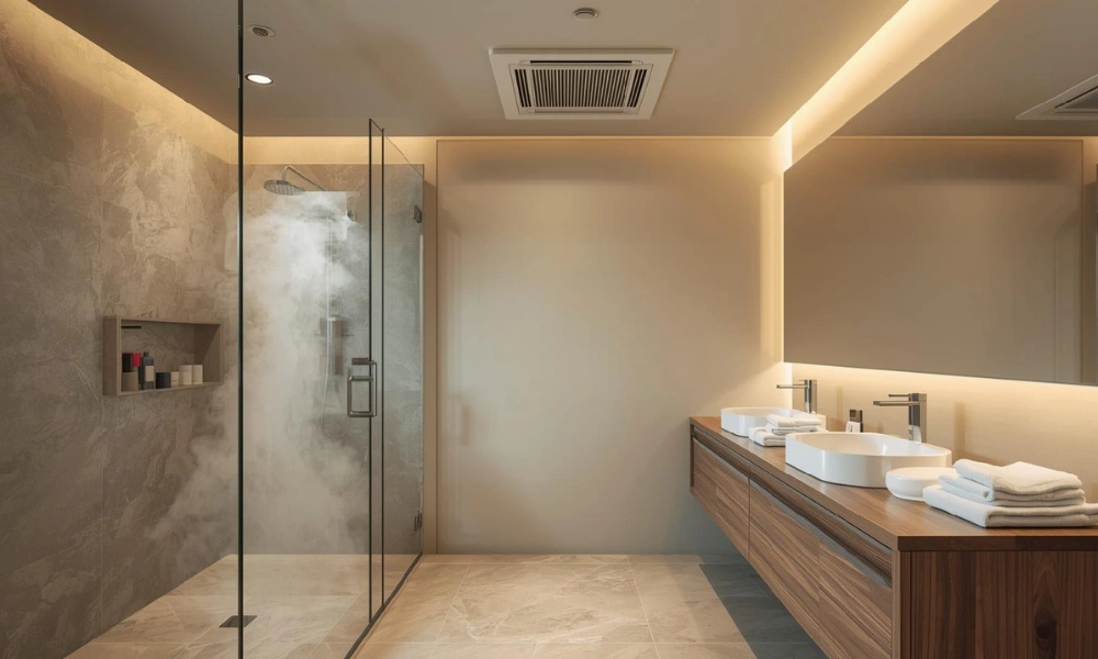 Modern bathroom featuring a walk-in shower, designed with Active-Ventilation-for-bathroom for optimal air circulation.