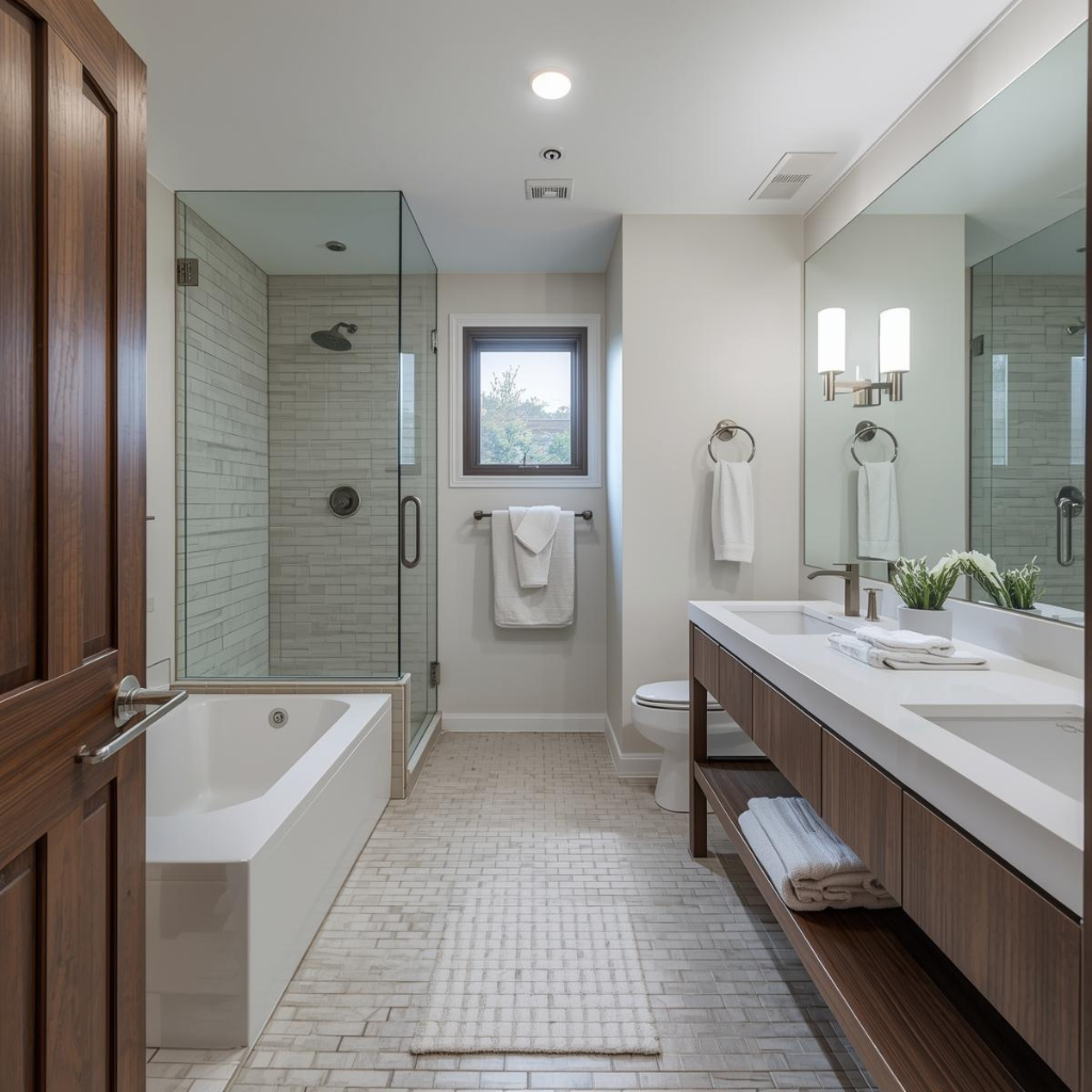 Modern master bathroom remodeling featuring a glass-enclosed walk-in shower, a built-in soaking tub, and a double wood vanity with white countertops.