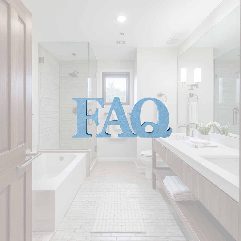 FAQ text overlay on a bright, modern white bathroom remodeling background featuring a glass shower, soaking tub, and double vanity.