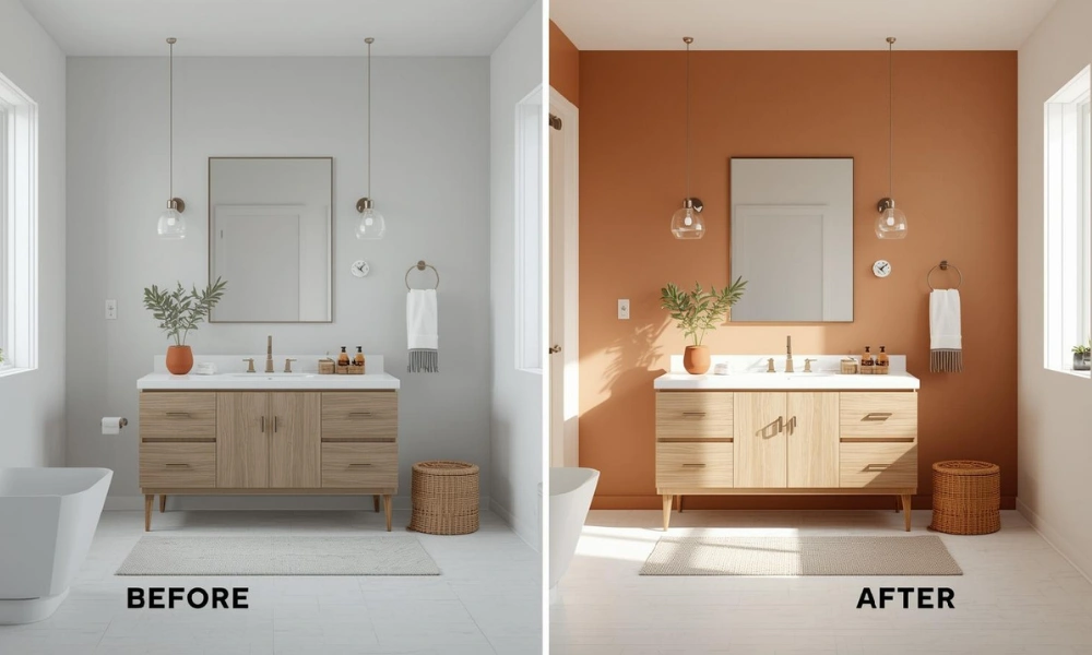 Before and after images of a bathroom makeover showcasing Biophilic-Design-Bringing-Nature elements for a fresh look.