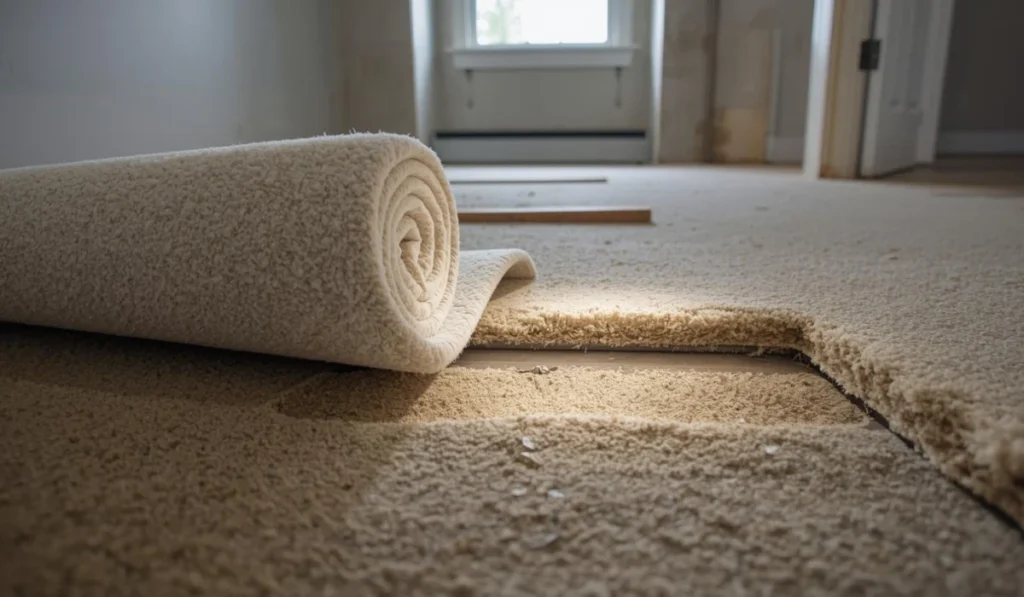Rolled-back carpet reveals uneven subfloor and padding issues during a Dallas, TX home renovation inspection