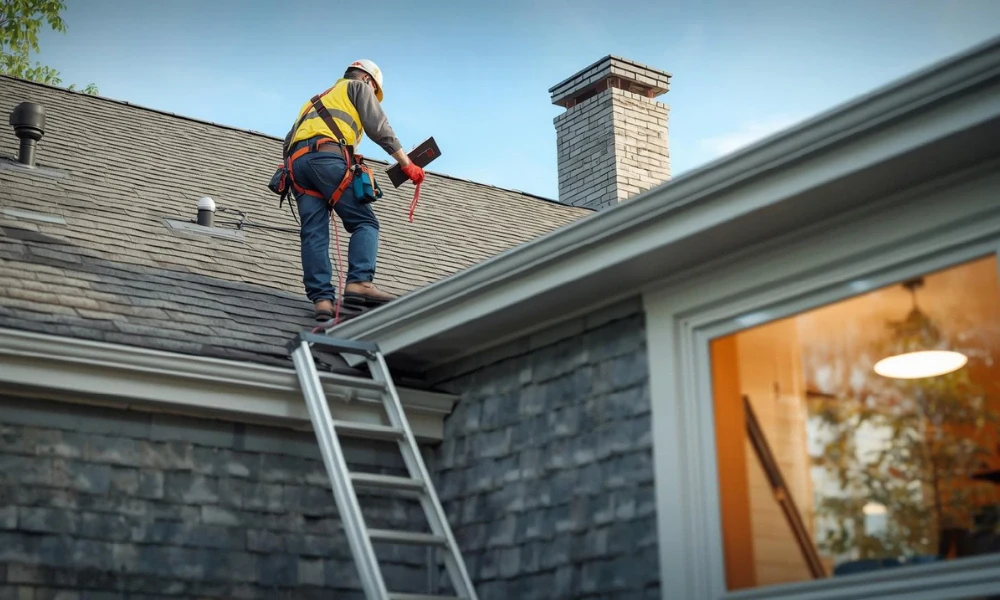 A worker in a safety harness climbs a ladder to inspect a roof, with a chimney visible and a window reflecting indoor lighting.