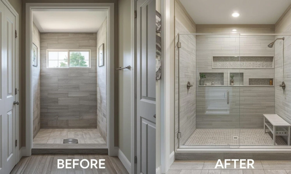 Image displays a bathroom transformation featuring a walk-in shower with Curbless-Entry-Seamless-Transitions for easy access.