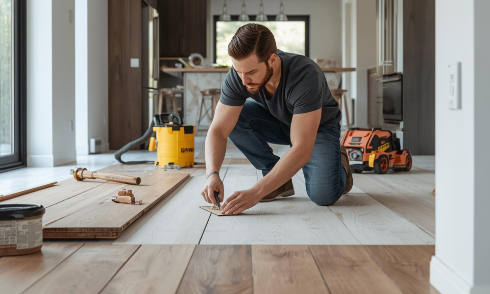 A professional installer kneeling on a light-colored wood floor, carefully measuring and cutting a plank during a custom home flooring project.