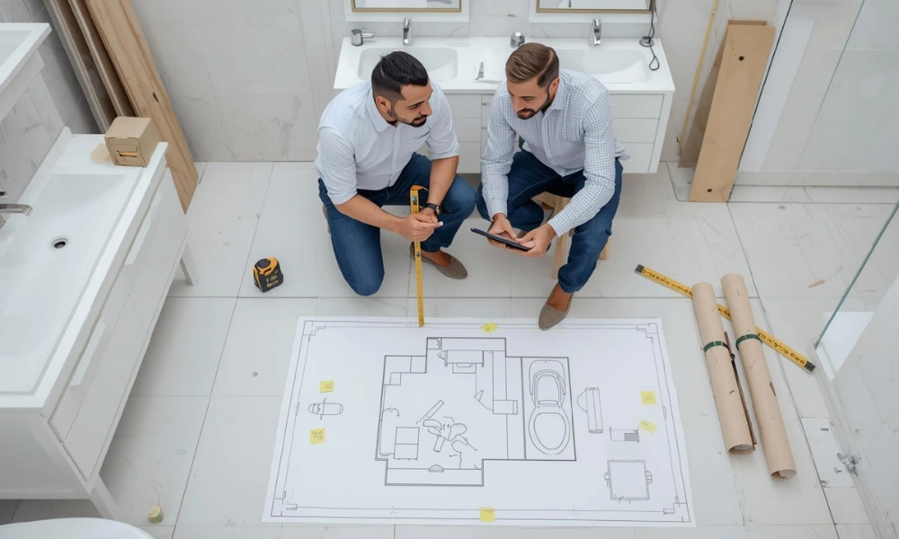 Two men in a bathroom examining a blueprint, focused on Designing-Practical-Layouts-forbathroom.