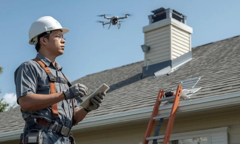 A worker in a hard hat uses a tablet while a drone hovers above a house roof with a chimney and an orange ladder nearby.