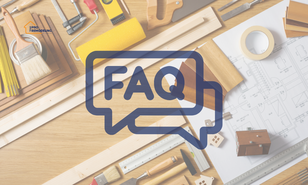 FAQ graphic over a remodeling workbench with tools, wood samples, and blueprints in the background.