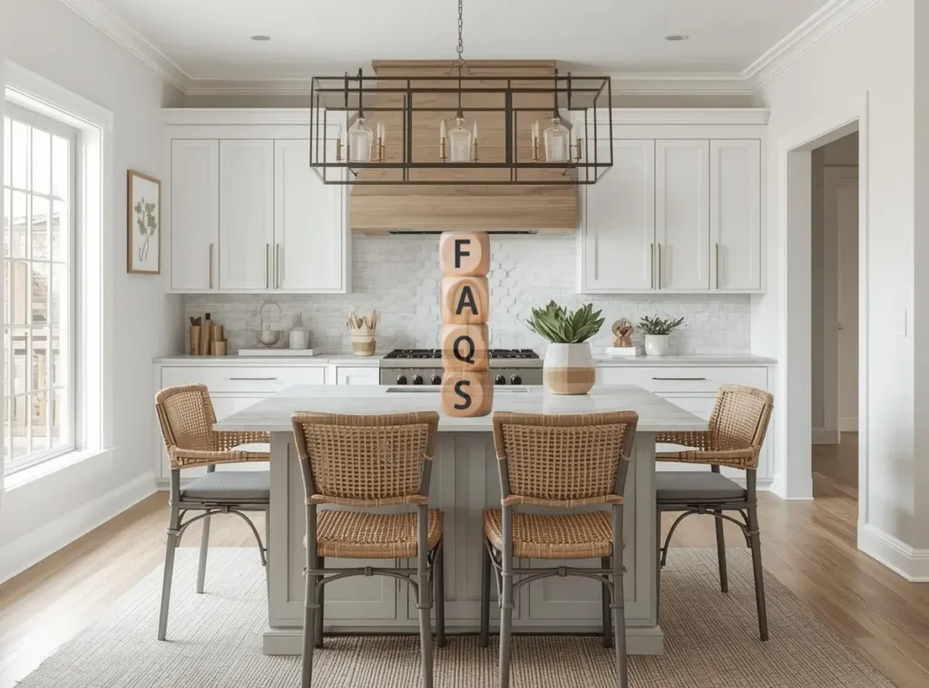 A modern kitchen with a large island and four wicker chairs, featuring a stacked block tower spelling "FAQS." White cabinets and light wood tones create a calm, inviting atmosphere.