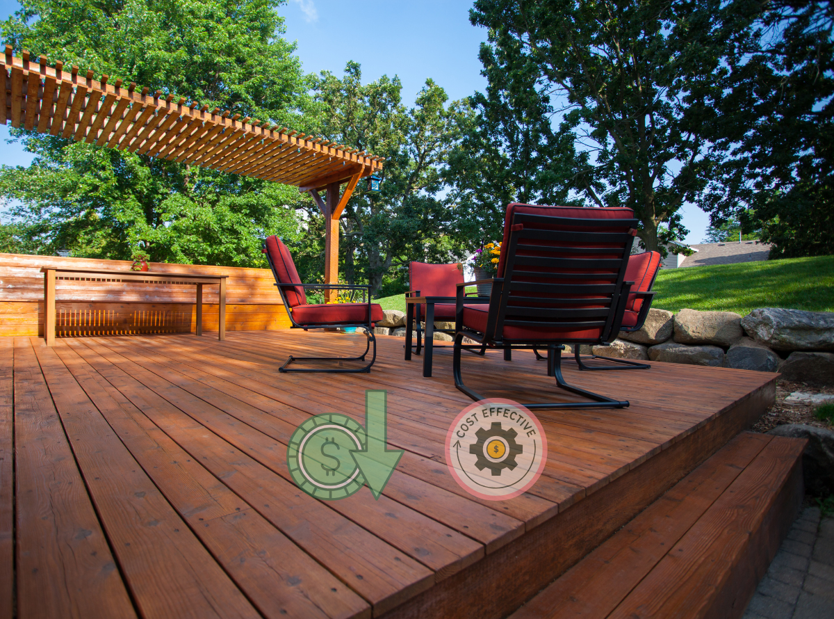 Sunny wooden patio with red cushioned chairs and a pergola, surrounded by lush green trees. Overlay graphics show cost-effective icons.