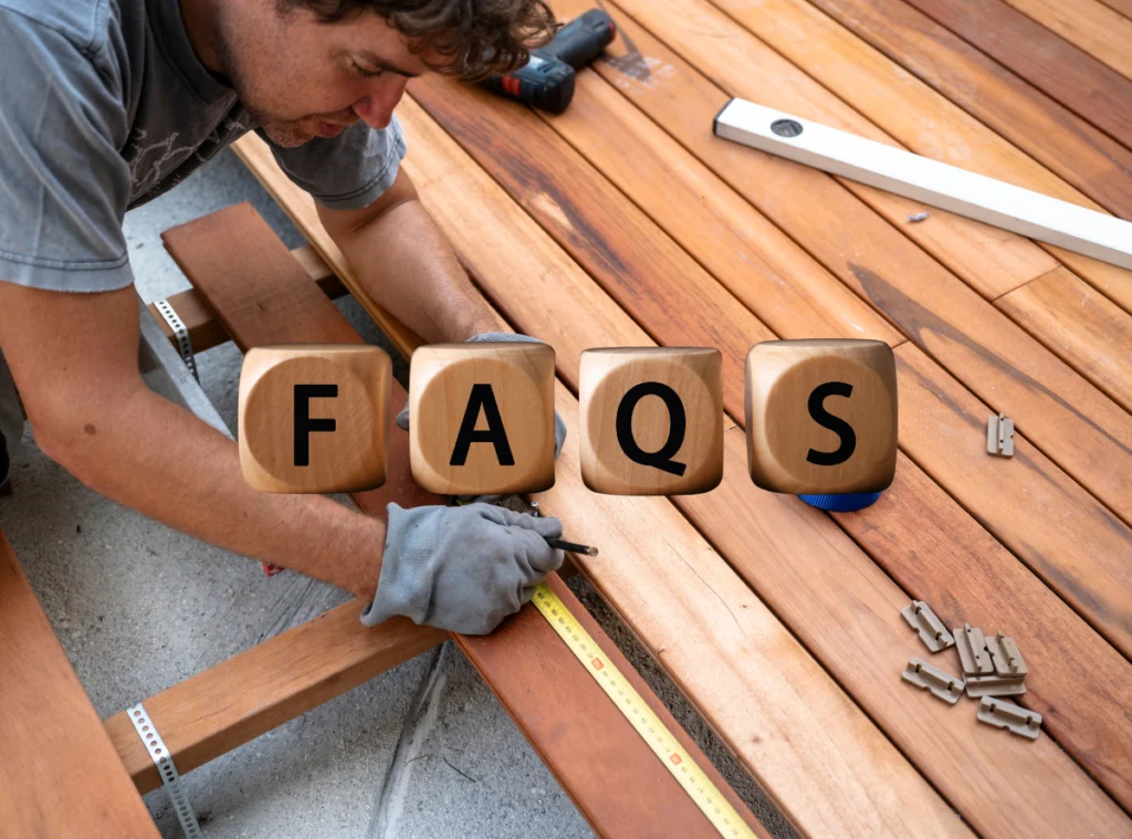 A person measures wooden planks for decking, with gloved hands. Blocks displaying "FAQS" float over the scene, emphasizing a focus on frequently asked questions.