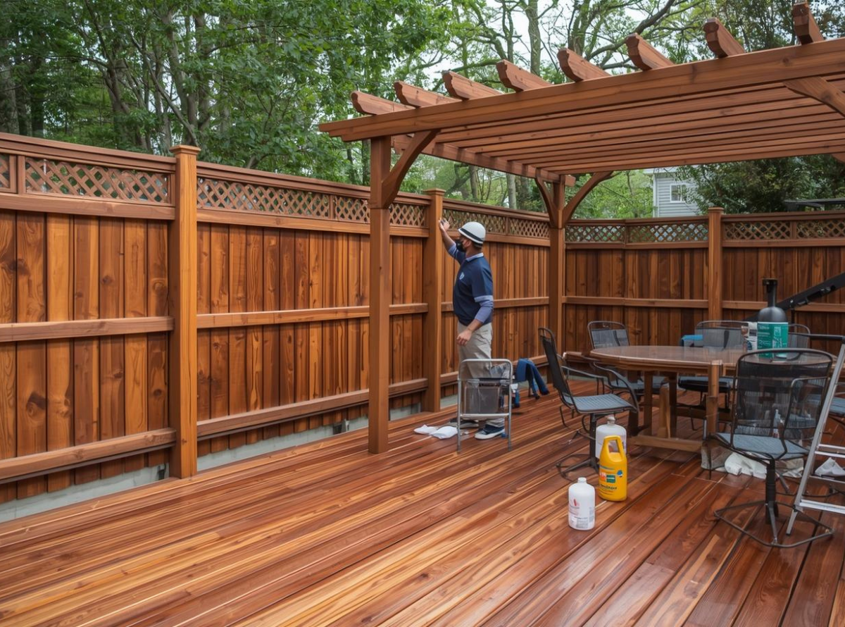 A person applies stain to a wooden fence under a pergola on a deck. Outdoor furniture and stain supplies are nearby. The scene is calm and organized.