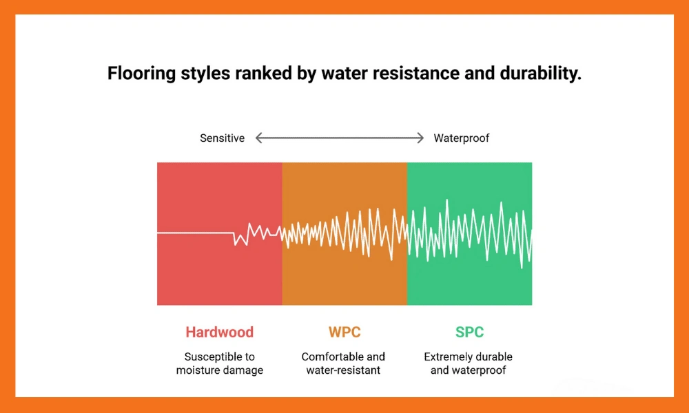 Flooring water resistance and durability chart ranking hardwood, WPC, and SPC from moisture sensitive to waterproof.