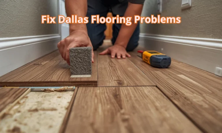 A person installs flooring planks on a wooden floor, using a block to secure the pieces. Tools are nearby. Text overlay: "Fix Dallas Flooring Problems."