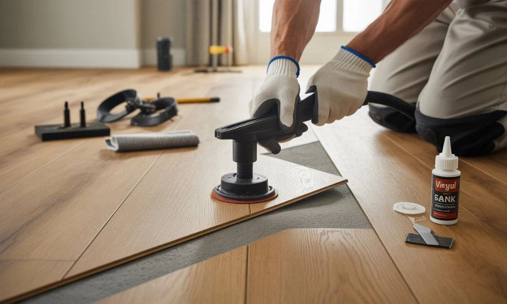 Fixing vinyl plank floor gaps with suction cup tool and vinyl-safe adhesive during professional flooring repair.