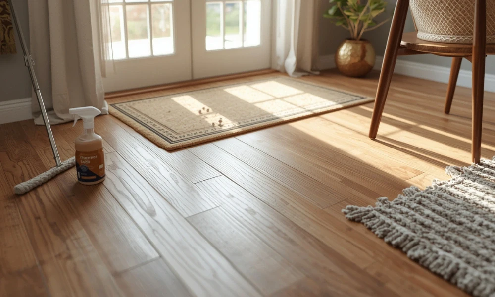 A person kneels on a wooden floor, aligning planks while using electronic measurement tools nearby, illuminated by natural light.