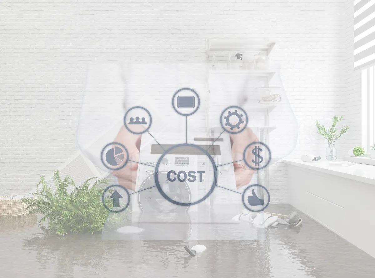 Flood damage restoration cost concept with cost icons over a flooded room background.