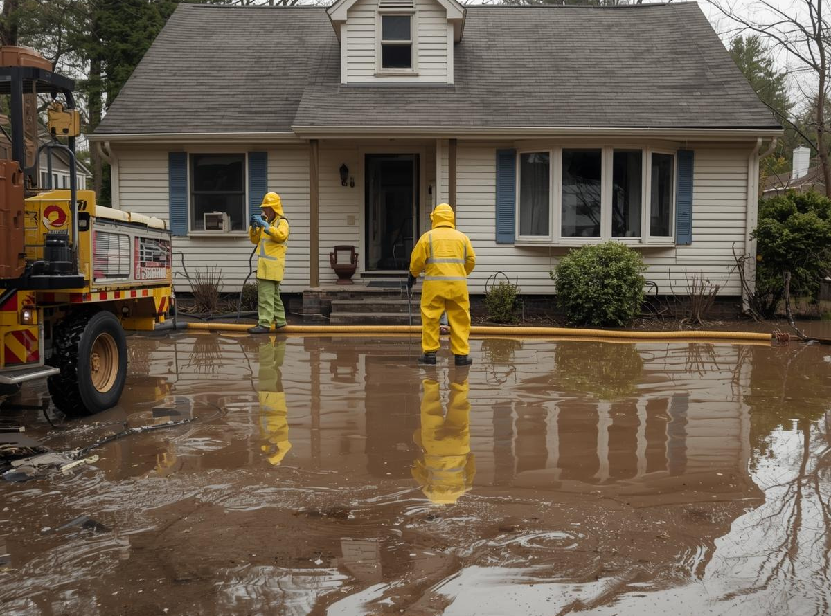 Water damage restoration crew extracting standing water from a flooded home interior.