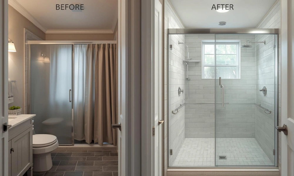 A bathroom's before and after image showcasing a new shower with a Frameless-Glass-Opening-the-View for enhanced aesthetics.