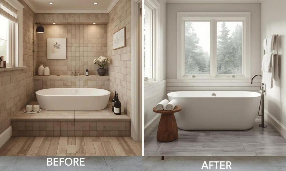 Comparison of a bathroom remodel showcasing a modern freestanding-soaking-tub in the after image.
