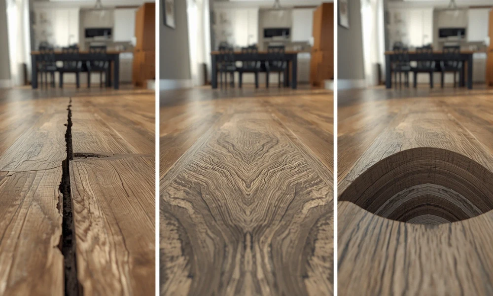 Wood floor damage examples showing gapping, buckling, and peaking boards in a home interior.