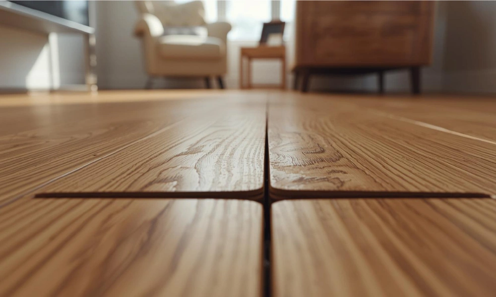 Close-up view of wooden flooring with visible seams, featuring a cozy chair and wooden furniture in a well-lit living room.