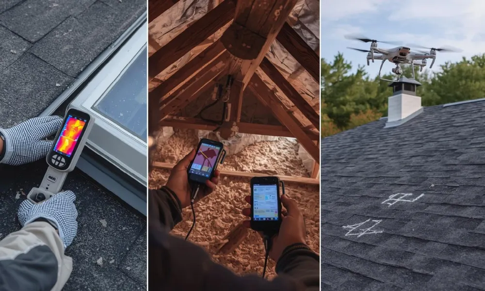 A series of three images showing roof inspections: using a thermal camera, monitoring with a smartphone in an attic, and a drone surveying a roof.
