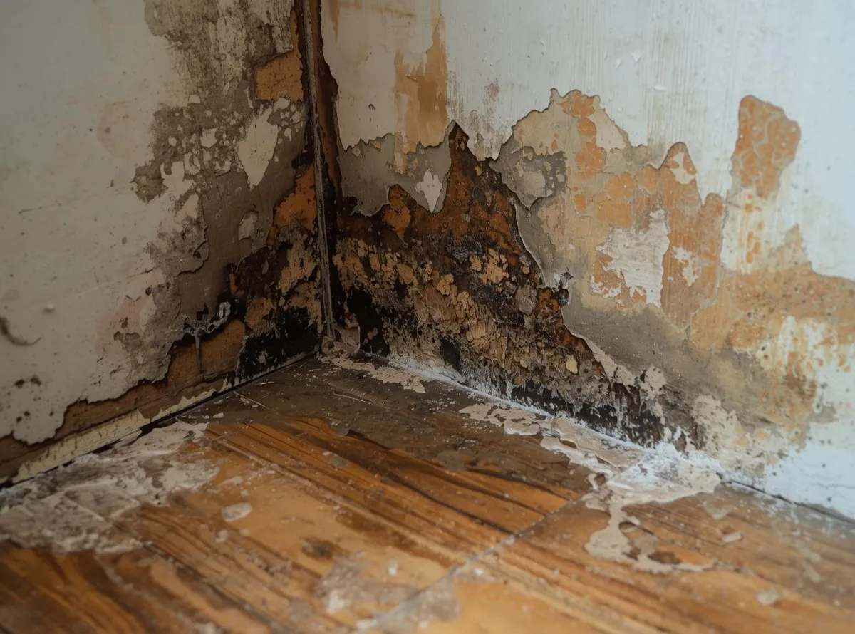 Close-up of hidden water damage showing mold growth, peeling paint, and warped flooring.