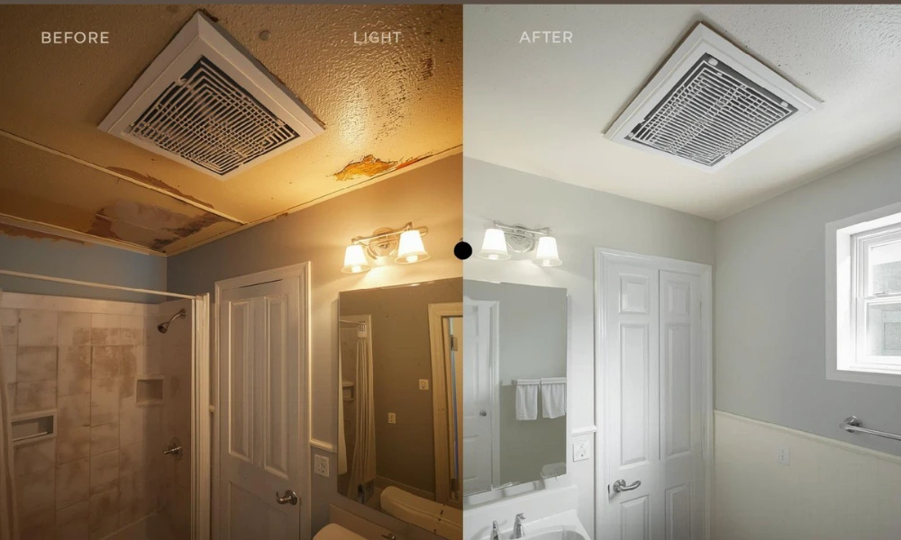 Side-by-side comparison of a bathroom remodel highlighting High-Flow Ventilation features and updated aesthetics.