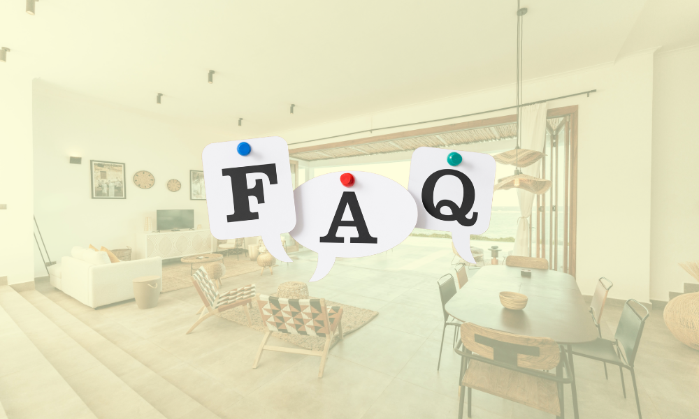 Home Remodeling FAQ concept with large “FAQ” letters displayed over a bright, modern living and dining room interior.