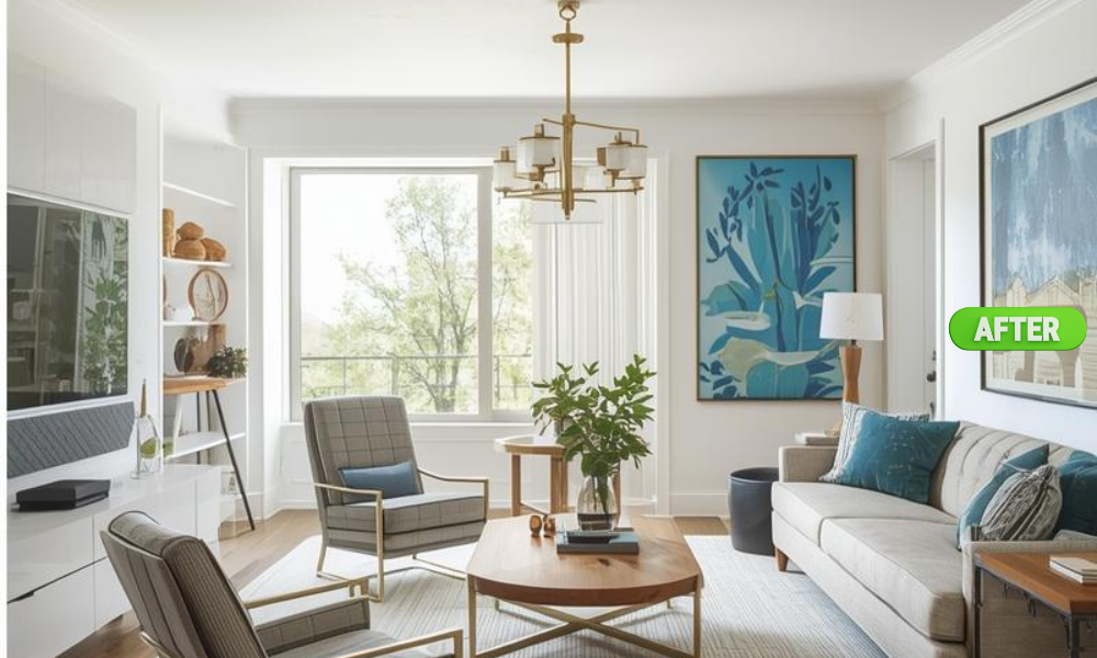 Bright modern living room after home remodeling with white sofa, blue accent art, wooden coffee table, and natural light.