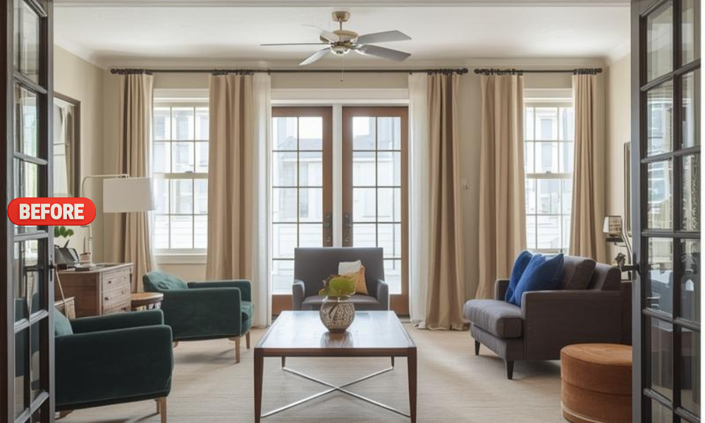 Before home remodeling services showing a dated living room interior with basic furniture, neutral walls, and traditional window layout prior to renovation.