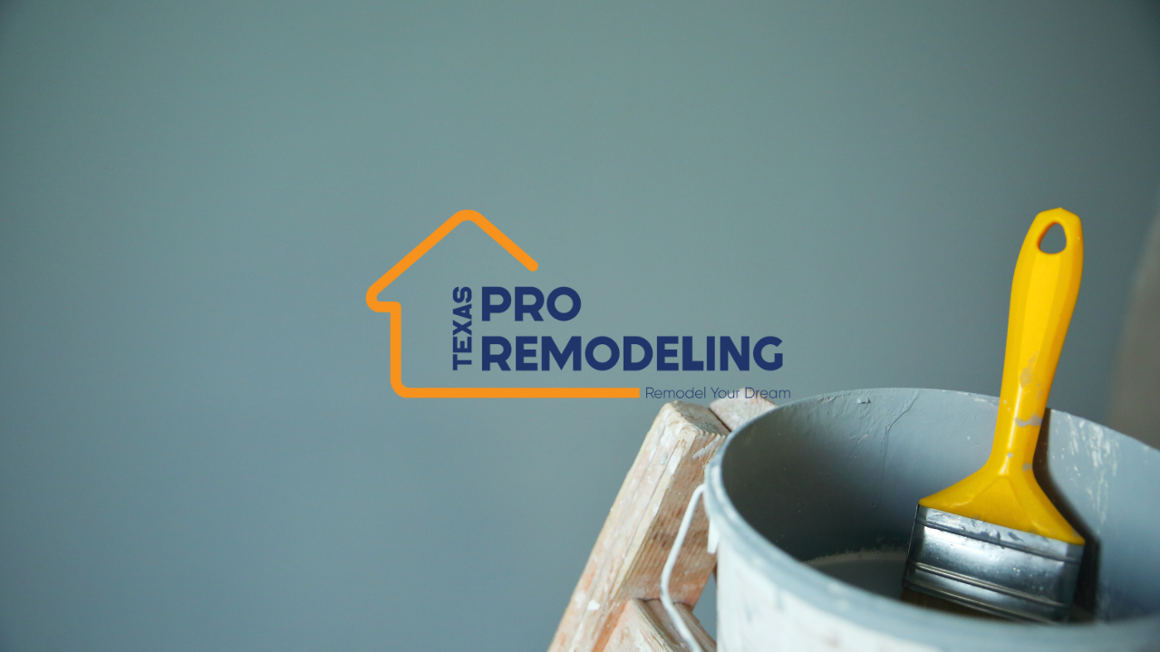 Professional house painting tools featuring a paint bucket and yellow brush set against a wall with the Texas Pro Remodeling logo.