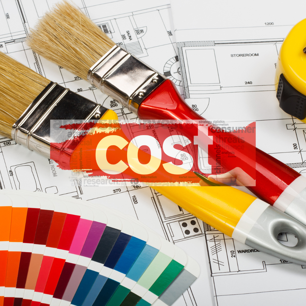Architectural blueprints with paintbrushes, a color swatch, and a measuring tape, illustrating the factors of house painting cost.