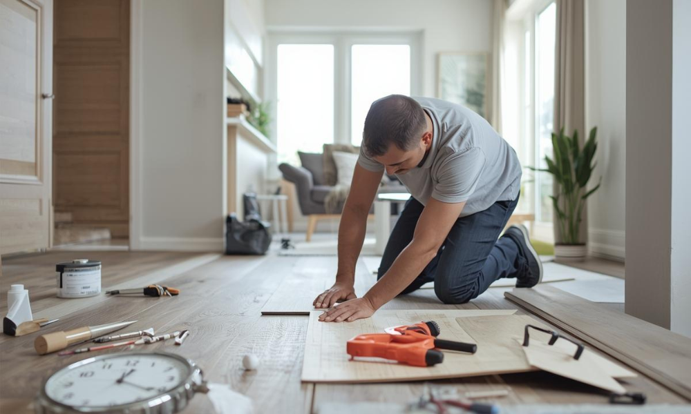 A man kneels on a wooden floor, measuring a plank with various tools scattered around. Sunlight streams through large windows, creating a focused, industrious mood.