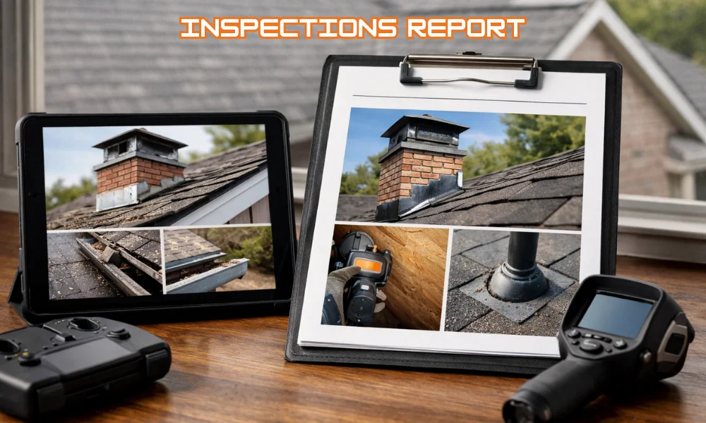A tablet and clipboard display roof inspection photos, with a thermal camera and device for measurements nearby. The title reads "INSPECTIONS REPORT."