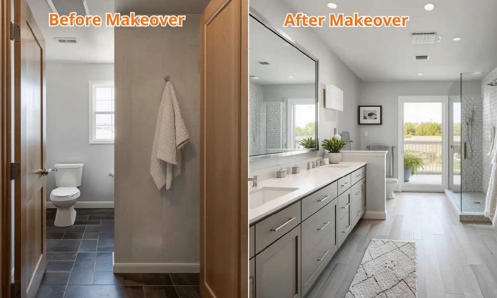 Before and after images of a bathroom remodel showcasing a layout makeover maximizing floor space.