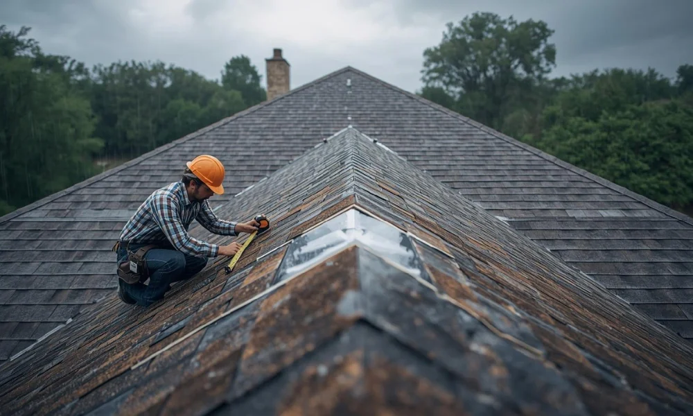 A man works on a roof with a tool, addressing the Most-Common-Leak-Zones-on-a-Roof to prevent water damage.