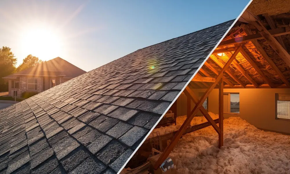 Split image of asphalt shingle roof in sunlight and insulated attic space showing how roofing affects home energy efficiency